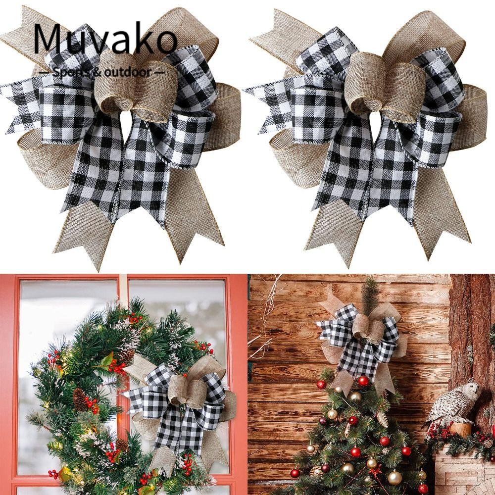Muvako Set 2 Nơ Sọc Caro Đỏ Đen Thời Trang Trang Trí Cây Thông Noel