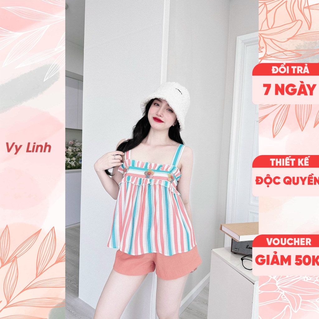 Bộ đồ ngủ đùi Vy Linh sọc dây đính hoa chất liệu linen thoáng mát thấm hút mồ hôi tốt, không bai nhão chống nhăn S592