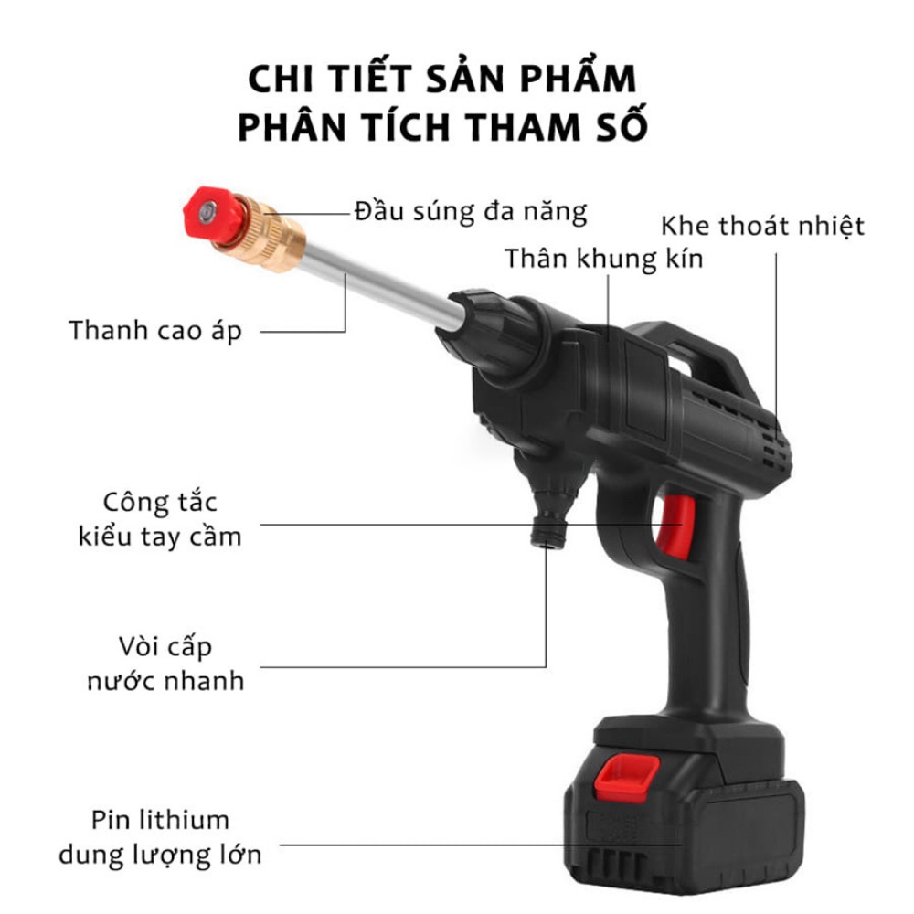 Máy rửa xe cầm tay mini gia đình công suất cao 400w 2 pin sạc 48V, máy rửa xe ô tô áp lực ca