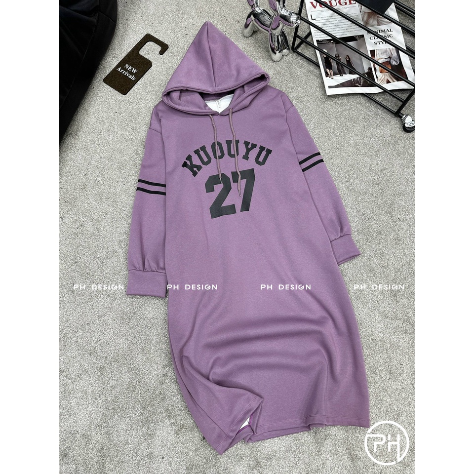 Váy bầu VN700 váy cotton nỉ hoạ tiết số 27,Đầm hoodie dáng dài, đầm bầu suông có mũ in hoạ tiết thời trang
