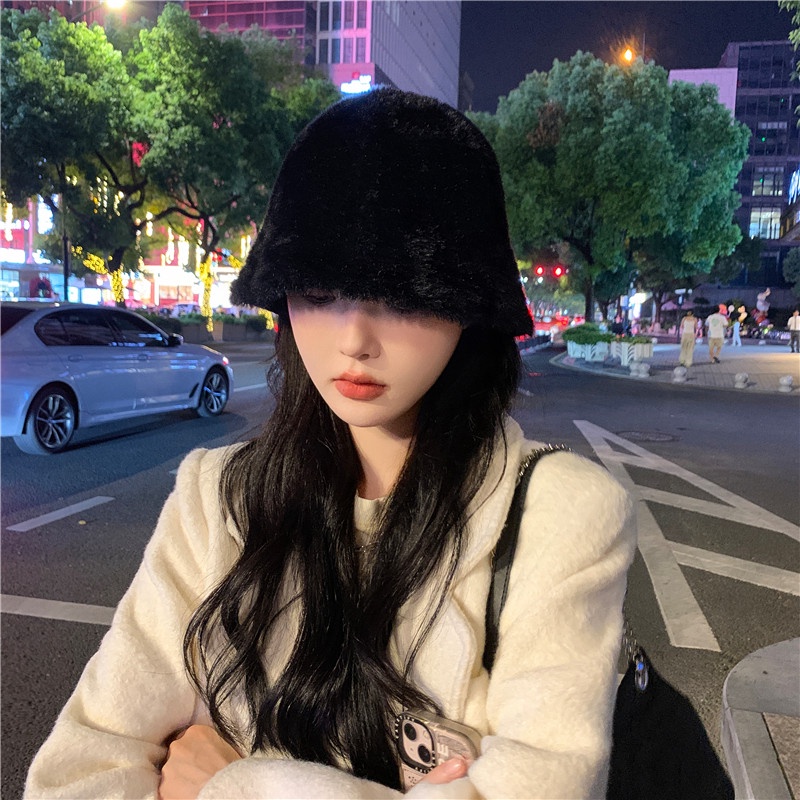 Nón Tai Bèo Phủ Lông Giữ Ấm Màu Trơn Phong Cách Nhật Bản Thời Trang Thu Đông Dành Cho Nữ Đen