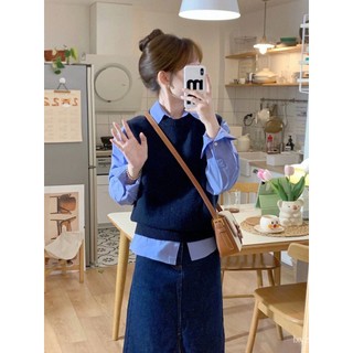 Set áo thun dài tay cổ tròn + áo len cộc tay cổ tròn thời trang nữ
