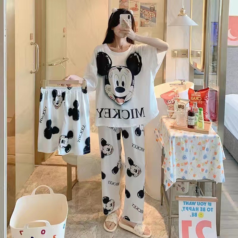 Bộ Đồ Ngủ Ba Món Dáng Rộng In Hình Chuột mickey Dễ Thương Cho Nữ