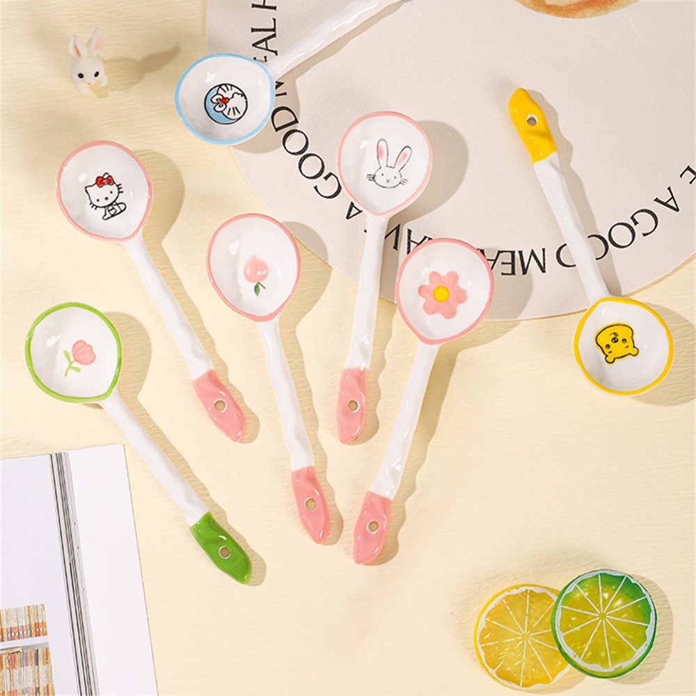 Muỗng Múc Canh Cán Dài Bằng Sứ Họa Tiết Hoạt Hình Phong Cách Nhật Bản