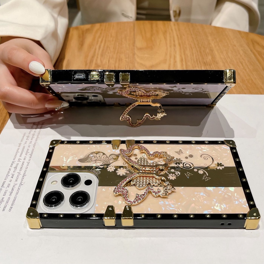 Ốp Điện Thoại Hình Vuông Họa Tiết Hoa / Bướm / Ốc Sên Kèm Giá Đỡ Cho oppo a94 reno 4 5 5f 6 7 7z 8z 6z 8 8