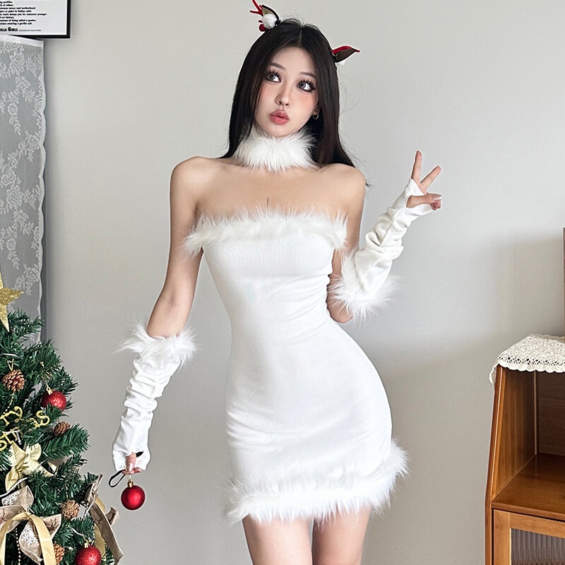 Kliou Đầm Ôm Dáng Ngắn Không Dây Phối Lông Trơn Đơn Giản Quyến Rũ Giáng Sinh Cho Nữ Có Tay Áo Qua