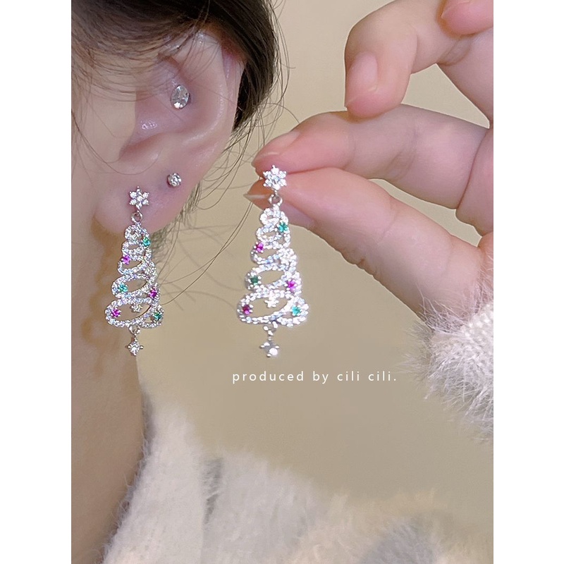Bông Tai Hình Cây Thông Giáng Sinh Đính Đá zircon Nhiều Màu Sắc Siêu Lấp Lánh Thời Trang Thu Đông