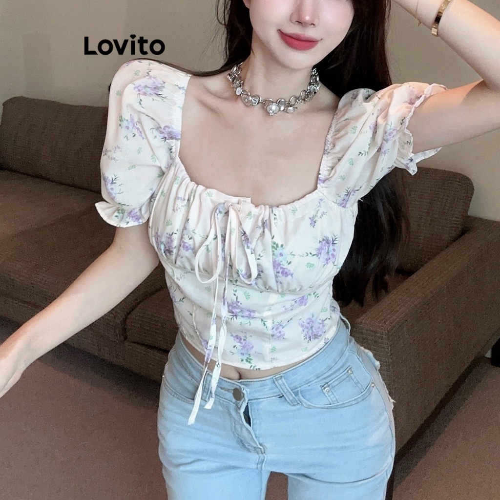 Lovito Áo kiểu có dây buộc hoa phong cách Boho Ditsy dành cho nữ L68ED024