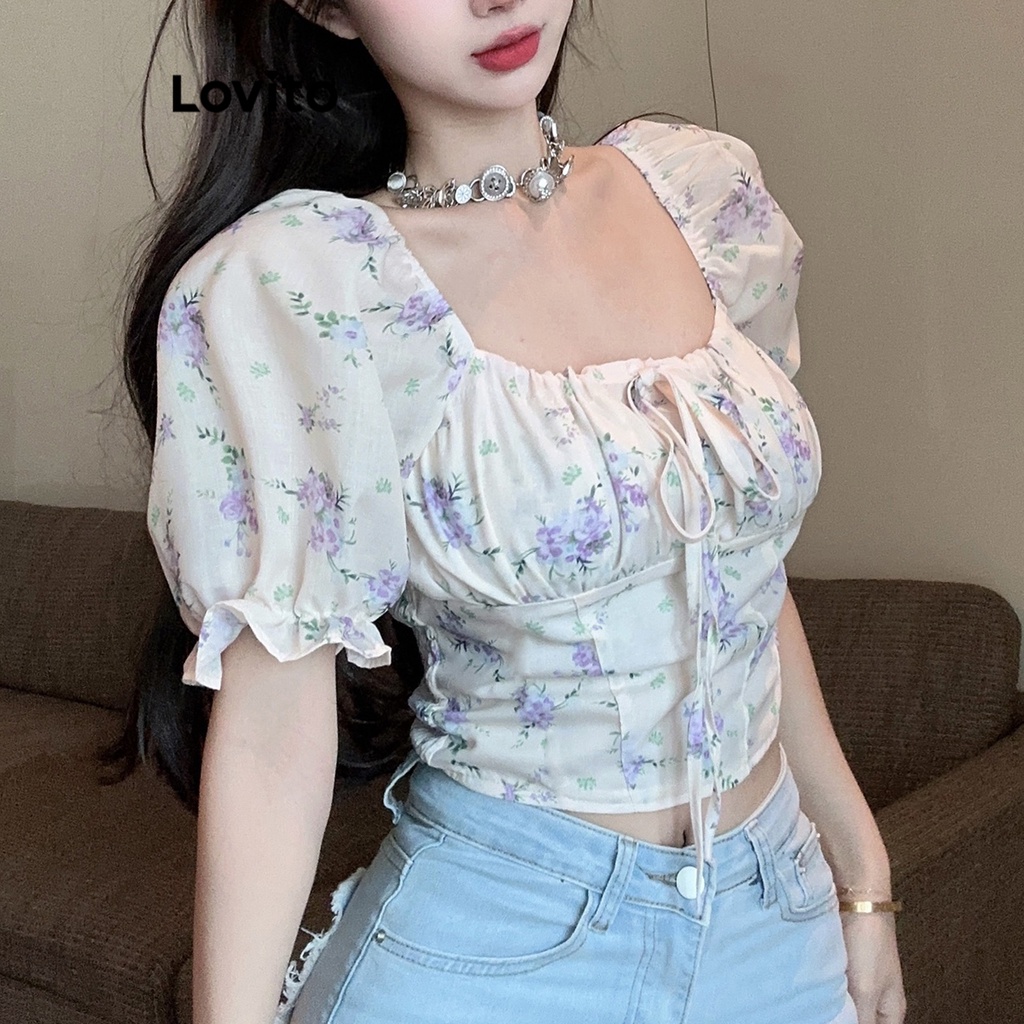 Lovito Áo kiểu có dây buộc hoa phong cách Boho Ditsy dành cho nữ L68ED024