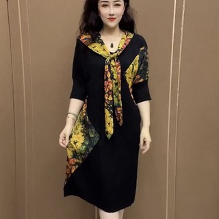 [Hàng Có Sẵn] Đầm Cỡ Lớn Có Khăn Quàng Cổ Sang Trọng Cho Phụ Nữ Trung Niên