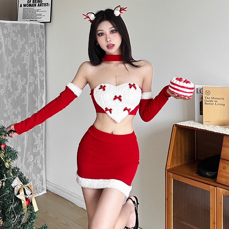 Weird Puss Set Áo Hai Dây + Chân Váy Ngắn Lưng Cao Ôm Dáng Thời Trang Giáng Sinh Quyến Rũ Cho Nữ