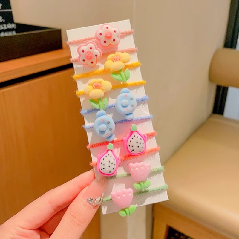 Set 10 Dây Buộc Tóc Cao Su Co Giãn Họa Tiết Hoạt Hình Phong Cách Hàn Quốc Cho Bé
