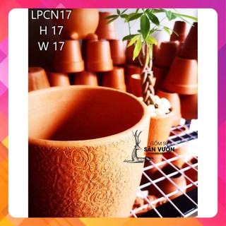 Chậu gốm đất nung kiểu TRỨNG VÂN HOA HỒNG size 17cm - Màu gốm đỏ , chậu trồng cây, gốm sứ sân vườn Bìn