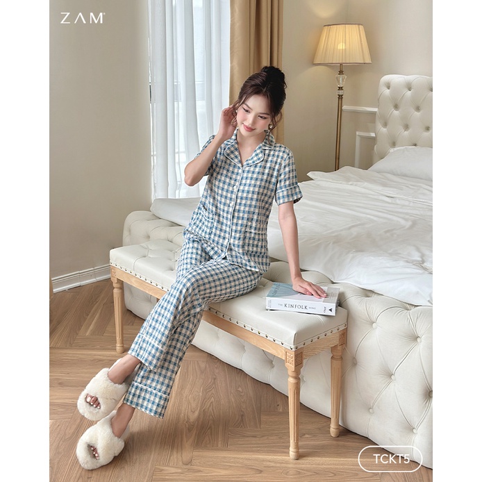 BỘ MẶC NHÀ SHE BY ZAM - TCKT5 -BỘ NGẮN TAY QUẦN DÀI KẺ THÔ COTTON - MÀU XANH