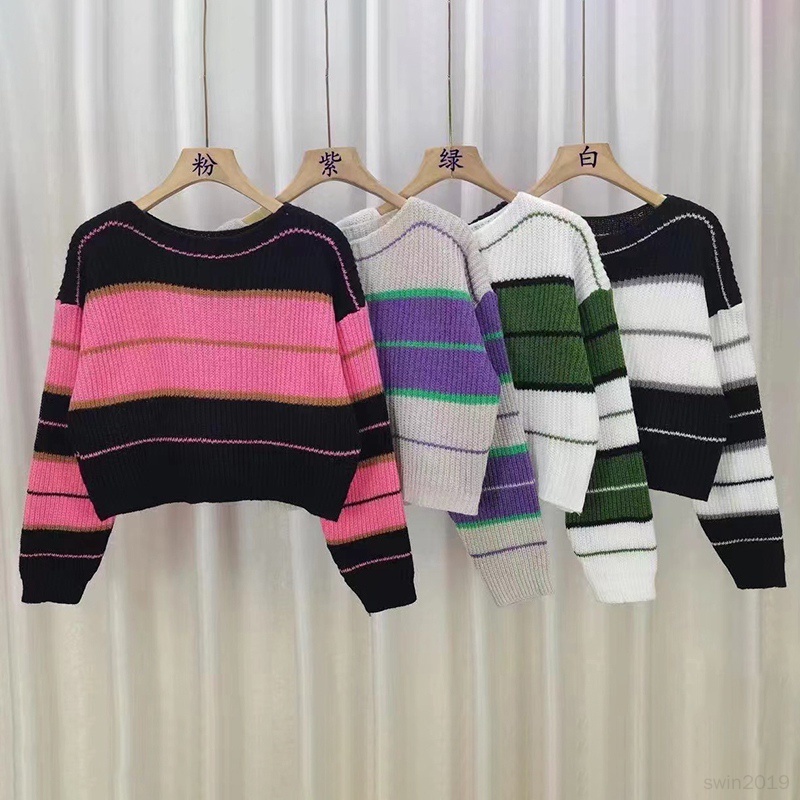 Áo Croptop Dệt Kim Tay Dài Trễ Vai Hoạ Tiết Kẻ Sọc Thời Trang Mùa Thu Cho Phái Nữ