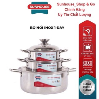 Bộ 3 nồi inox 1 đáy chính hãng Sunhouse SH224, kích thước 16,18,24cm dùng cho mọi loại bếp_Hàng chính hãng