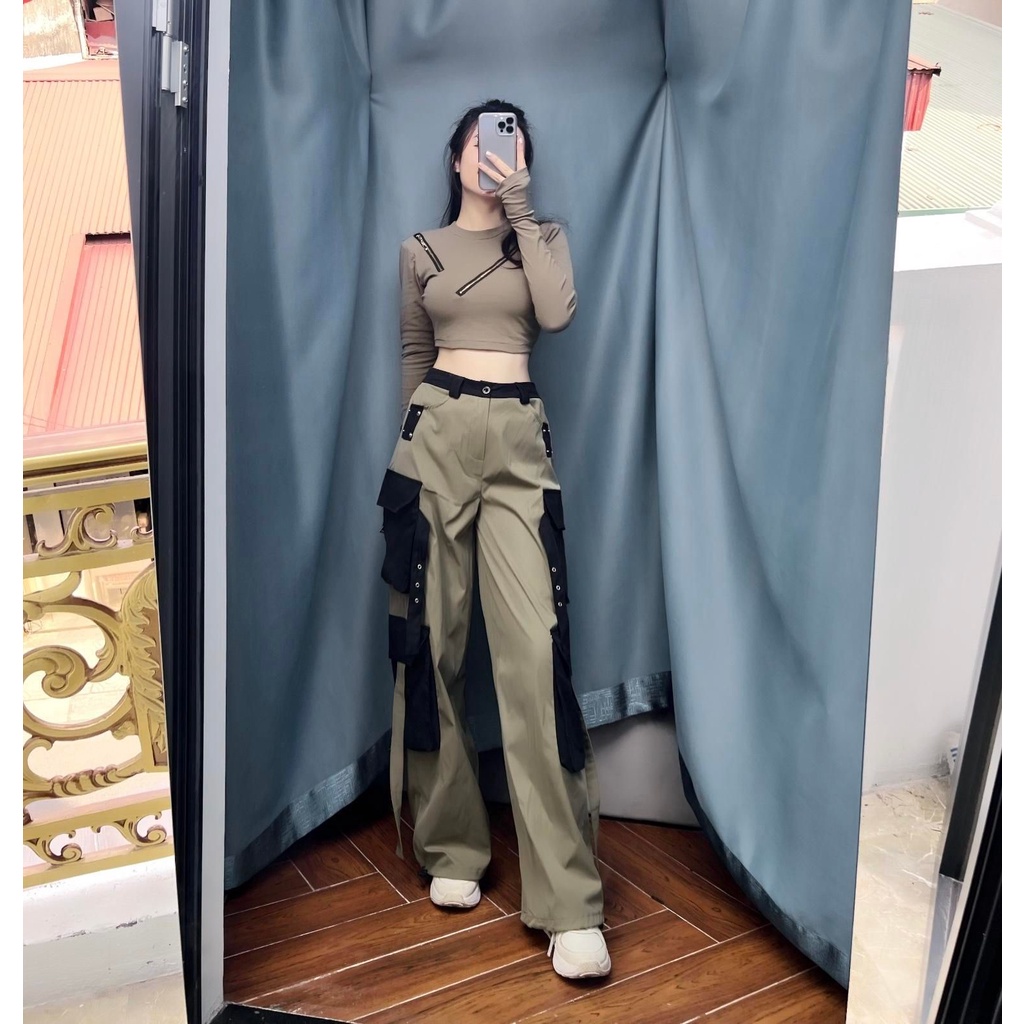 Set áo ngắn khóa chéo quần xuông túi hộp SD21