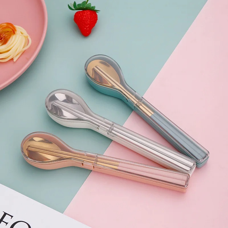 Bộ thìa dĩa cá nhân, hộp đựng thìa đũa văn phòng inox 304 kèm hộp có nắp đậy nhỏ gọn đáng yêu mang đi làm YK
