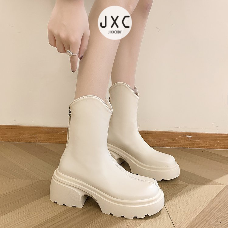 Giày Bốt Da PU Mũi Tròn Màu Trơn Phối Khóa Kéo Sau Lưng Kiểu Retro Pháp Thời Trang Mùa Đông Cho Học Sinh