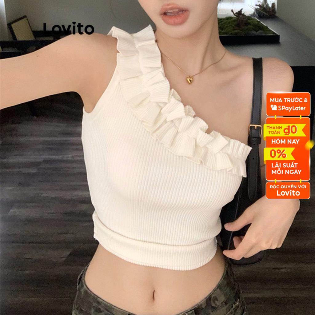 Áo sát nách Lovito bất đối xứng xếp nếp đơn giản cho nữ LNA11130 (màu trắng)