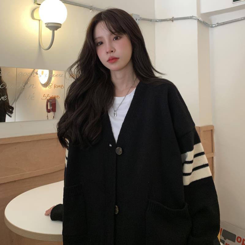 Áo Khoác cardigan Dệt Kim Tay Dài Dáng Rộng Họa Tiết Kẻ Sọc Màu Đen Phong Cách Hàn Quốc Thời Trang Thu Đông Cho Nữ