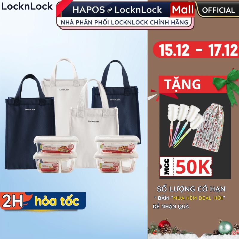 Túi đựng cơm LocknLock hộp thủy tinh Chính hãng, có túi lớn treo xe, chịu nhiệt dùng được lò vi sóng LLG428S2 - HAPOS