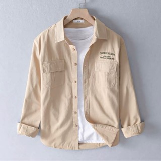 Áo khoác sơ mi nam chất liệu kaki cao cấp, áo sơ mi in chữ RIF ROCK IN C.H.A. làm điểm nhấn