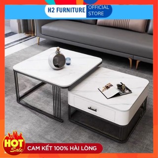 ( Free.ship Sài Gòn ) Bàn trà sofa vuông đôi  mặt đá vân có ngăn kéo tiện lợi hiện đại đơn giản phù hợp cho phòng