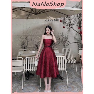 Đầm Nữ Kiểu Dáng Cao Cấp Chất Liệu Gấm Tapta Hai Dây Xòe Midi Siêu Thời Thượng