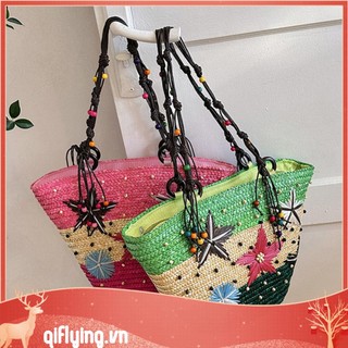 Túi xách rơm dệt tay thêu hình sao biển phong cách bohemian xinh xắn