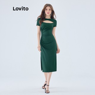 Đầm Lovito phối nút cắt xẻ màu trơn vintage cho nữ L49ED107 (màu xanh lá đậm)