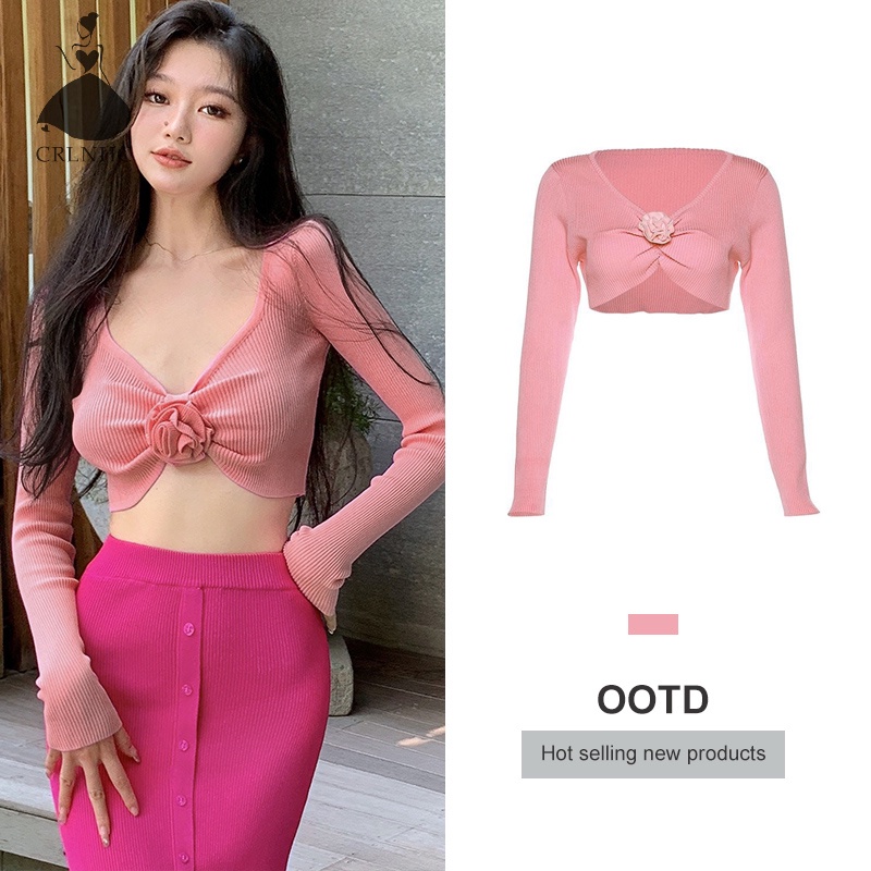 Crlnhc Áo Croptop Dệt Kim Tay Dài Cổ Chữ v Dáng Ôm In Hoa Thời Trang Đ