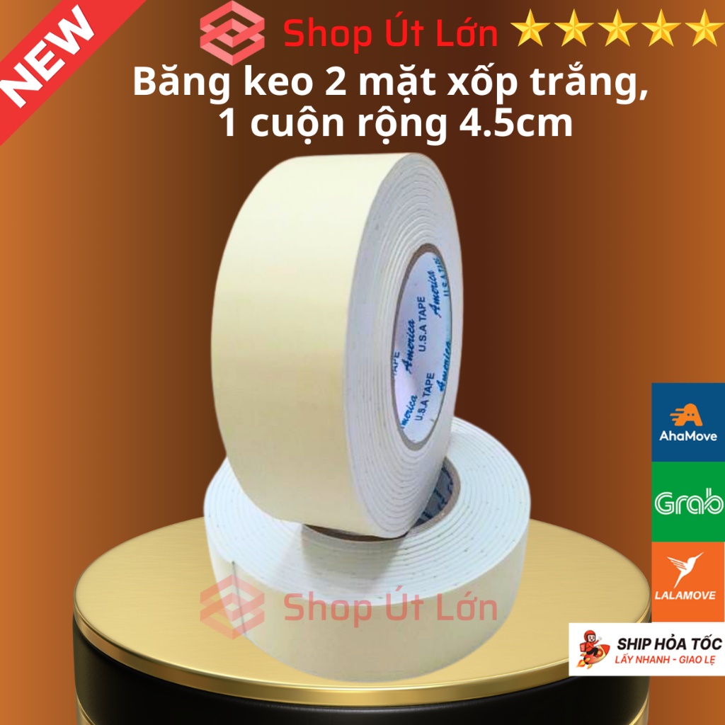 1 Cuộn băng keo 2 mặt xốp trắng, rộng 4,5cm - dày 3mm - dài 6 mét, lõi giấy 3mm