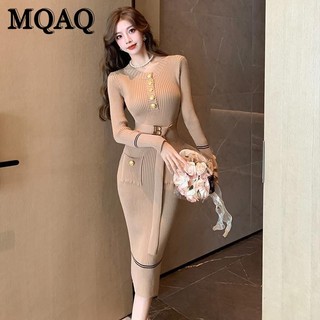 Đầm sweater Dệt Kim Tay Dài Cổ Tròn Có Thắt Lưng Thời Trang Thu Đông Mới