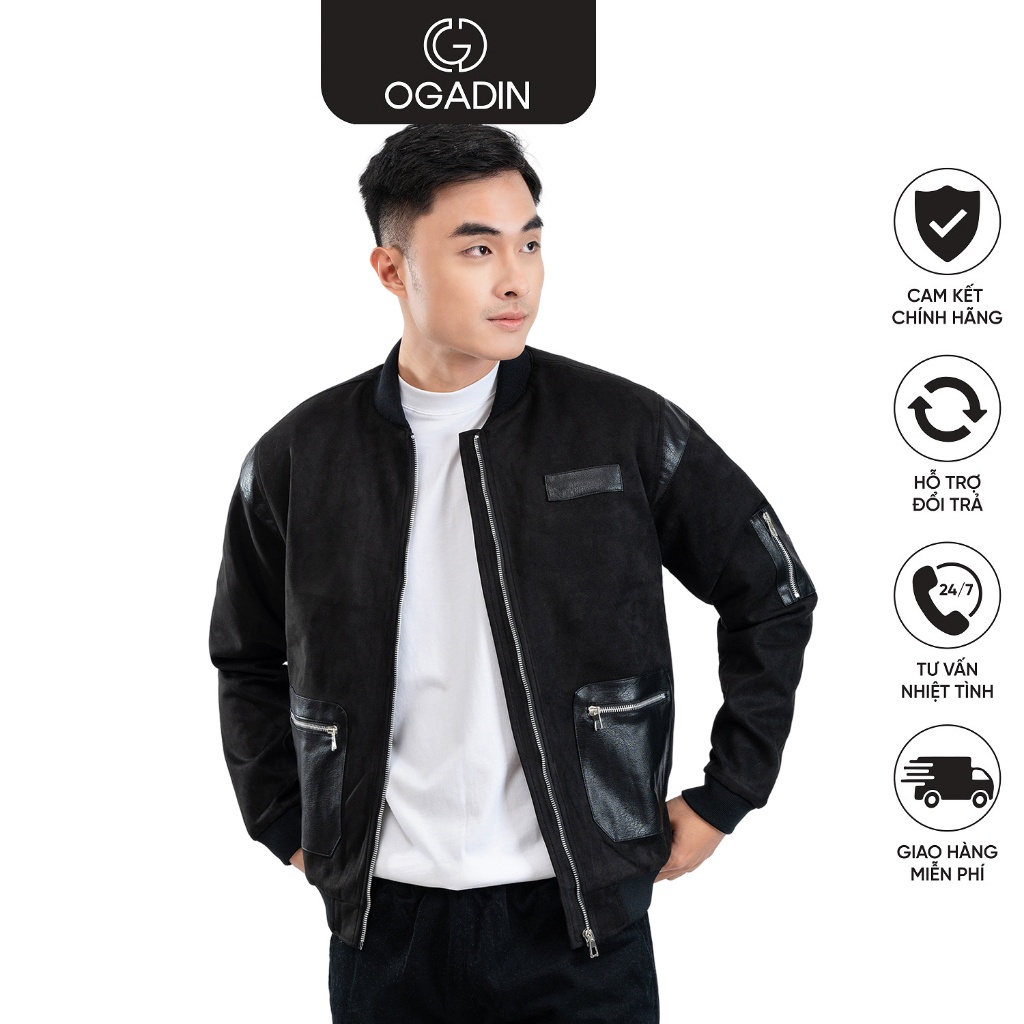 Áo khoác da lộn cổ bomber phối OGADIN - OAK001