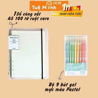 Combo tiết kiệm: Sổ còng caro A5 Klong + 9 bút gel màu sáng CB19, binder viết bài ôn tập làm bullet journal