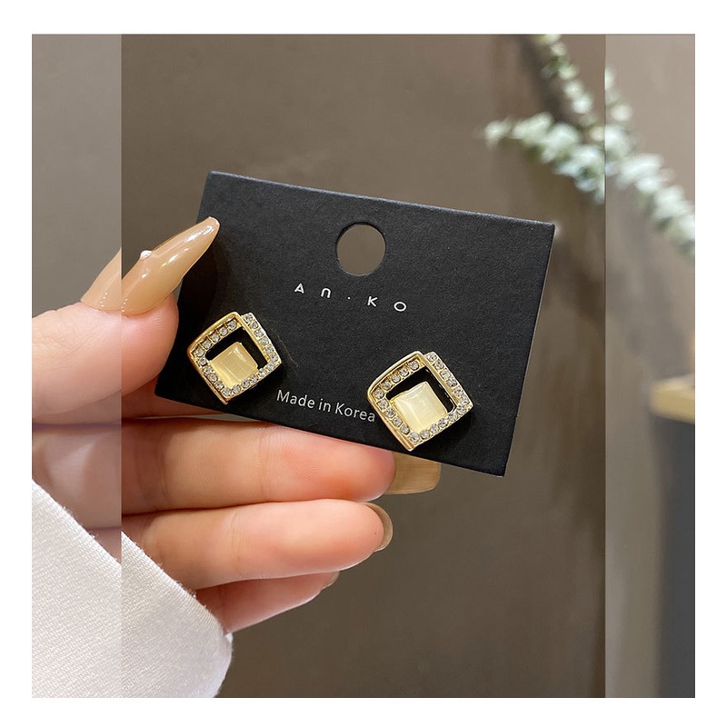 Bông Tai Mạ Bạc 925 Hình Vuông Đính Kim Cương Toàn Diện Phong Cách retro Hàn Quốc Cho Nữ