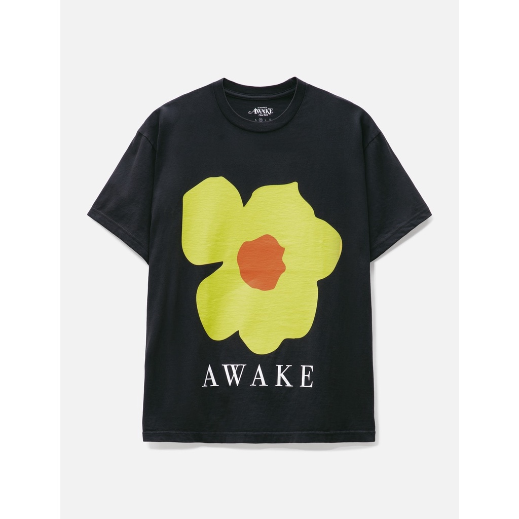 Awake Áo Thun cotton Tay Ngắn Cổ Tròn Dáng Rộng In Hình Hoa Màu Đen Thời Trang Mùa Hè Cho Nam