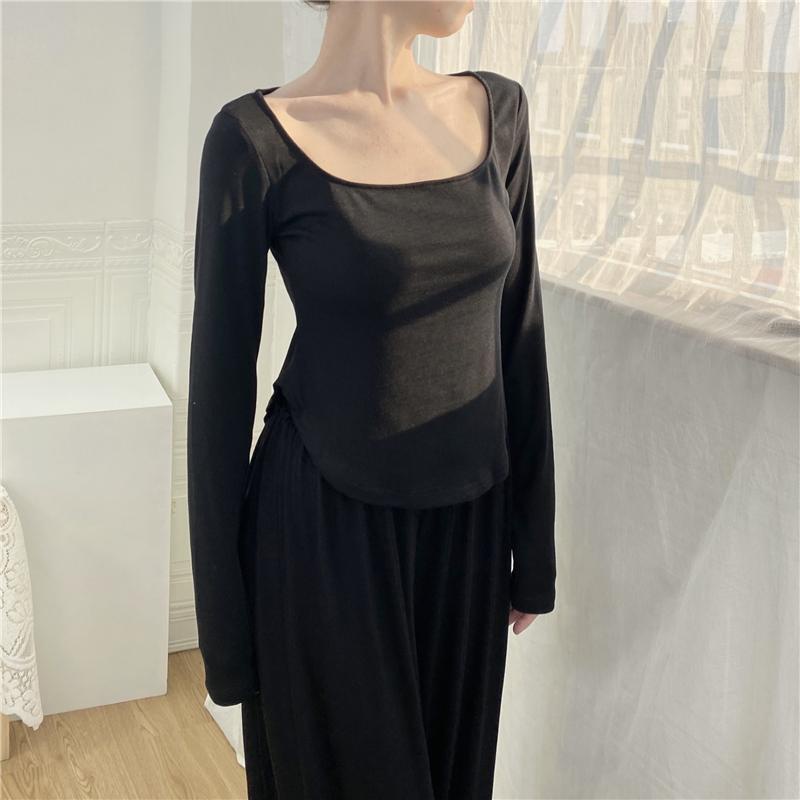 Áo Thun Nữ Tay Dài Cổ Vuông Phong Cách retro