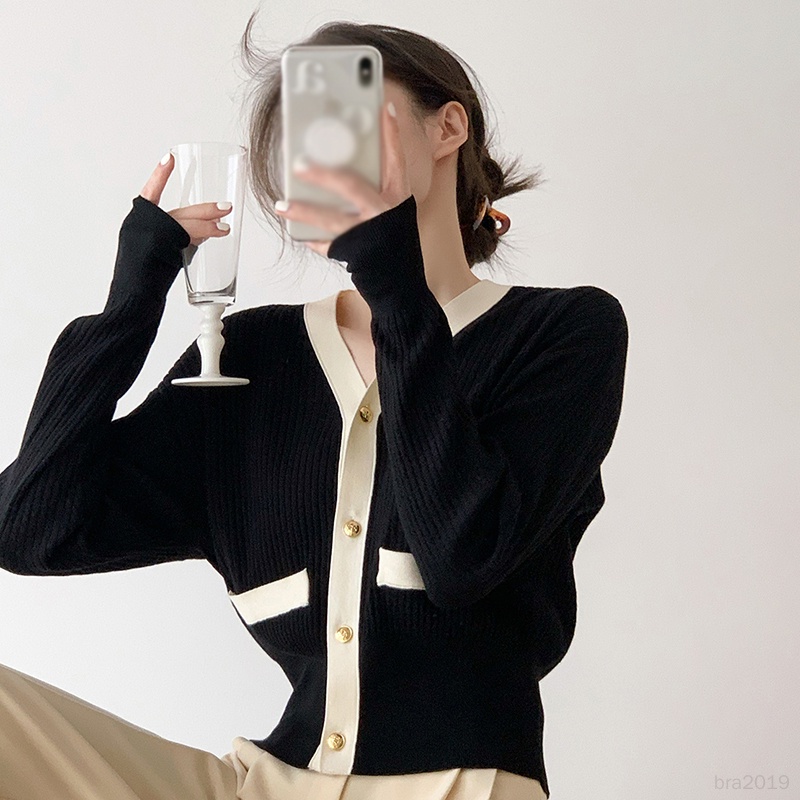 Áo Khoác cardigan Dệt Kim Cổ Chữ v Màu Sắc Tương Phản Thời Trang Thu Đông