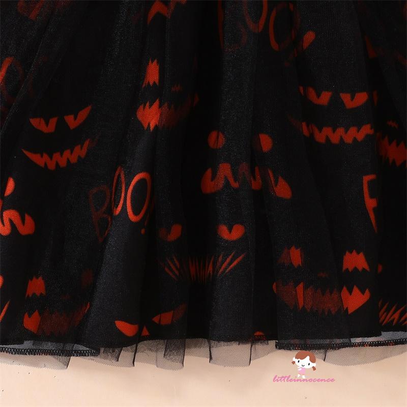 Đầm Xòe Chữ a Tay Dài Cổ Thuyền In Họa Tiết halloween Cho Bé Gái