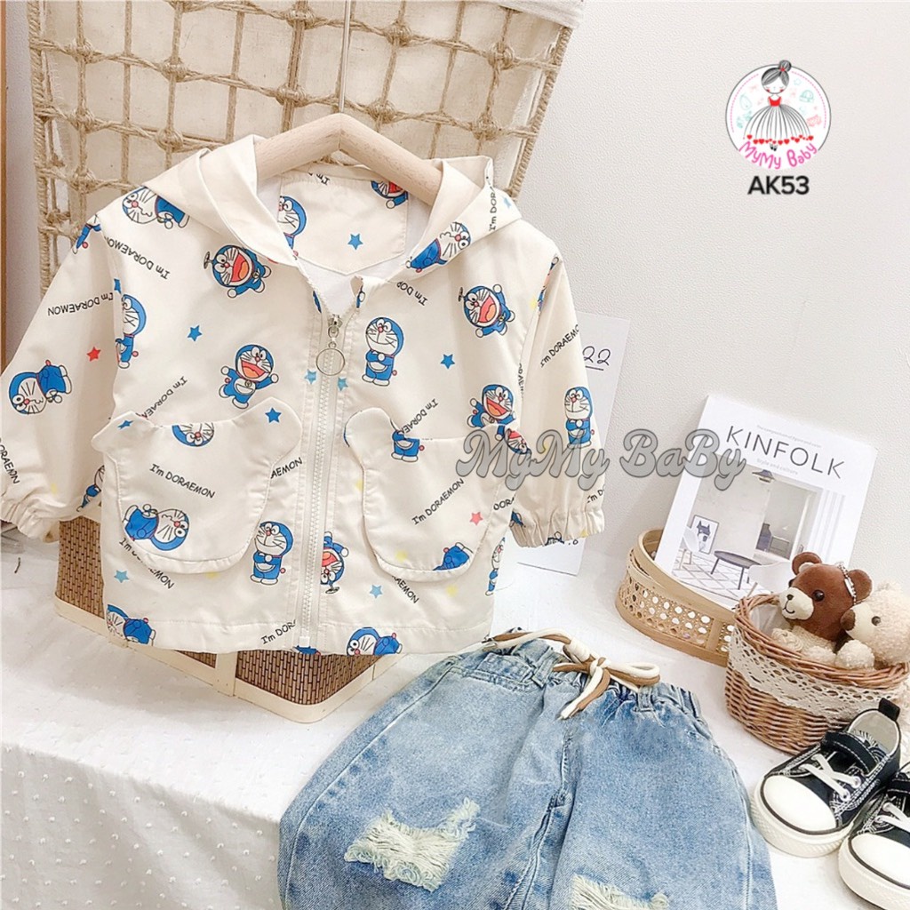 Áo khoác dù Doremon 2 túi phía trước, chun bo tay nhẹ nón tai gấu
