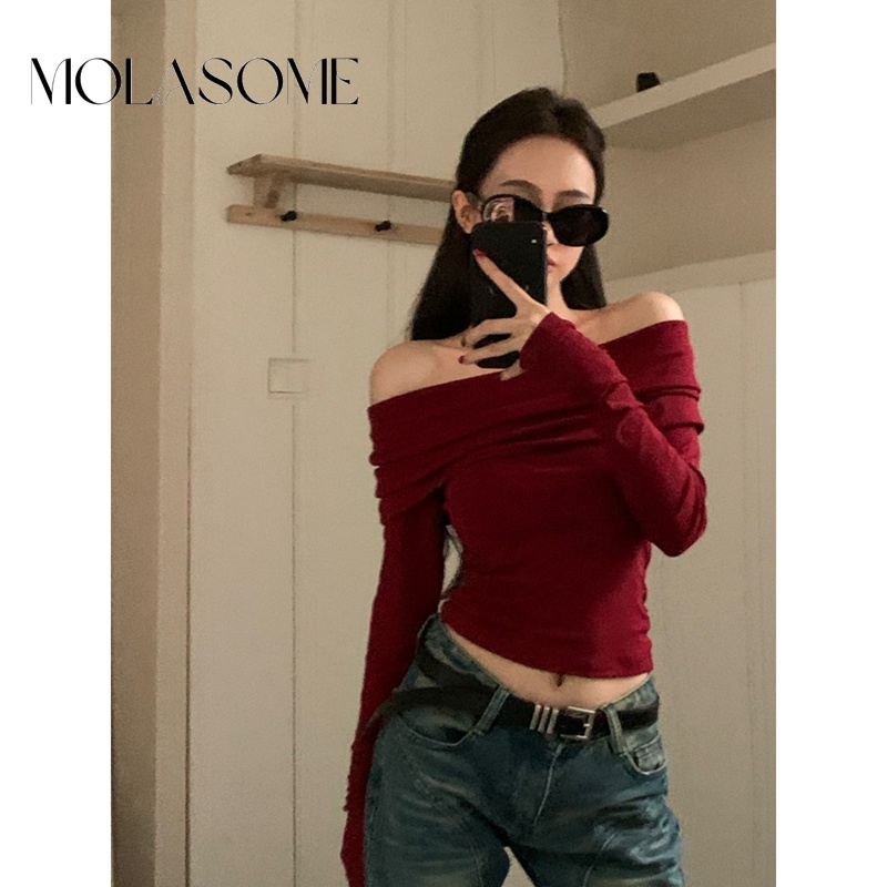 Polaroisome Áo Thun Tay Dài Trễ Vai Ôm Dáng Màu Trơn Thời Trang Cho Nữ 2023