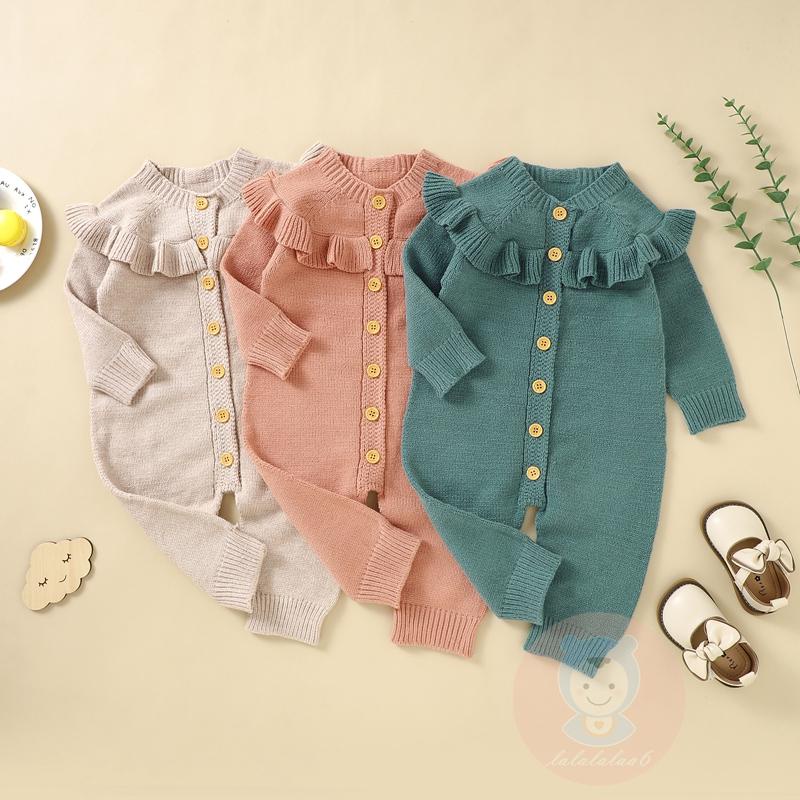 Bộ Áo Liền Quần Dệt Kim Tay Dài Nhún Bèo Màu Sắc Xinh Xắn Cho Bé Gái laa6