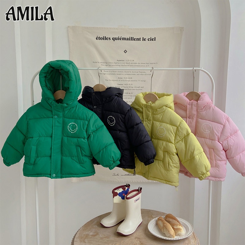 Amila Áo Khoác cotton Có Mũ Dáng Ngắn Dày Dặn In Hình Mặt Cười Cho Bé