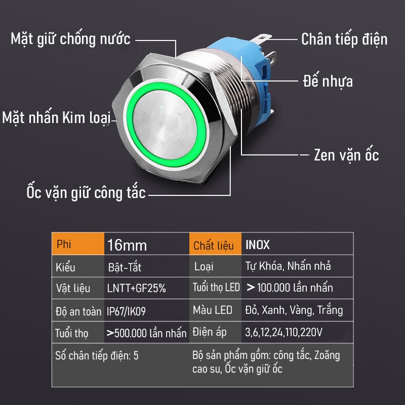 Nút nhấn nhả có đèn LED 16mm 3-6V, 12-24V, 110-220V Thân vỏ Kim loại chống nước