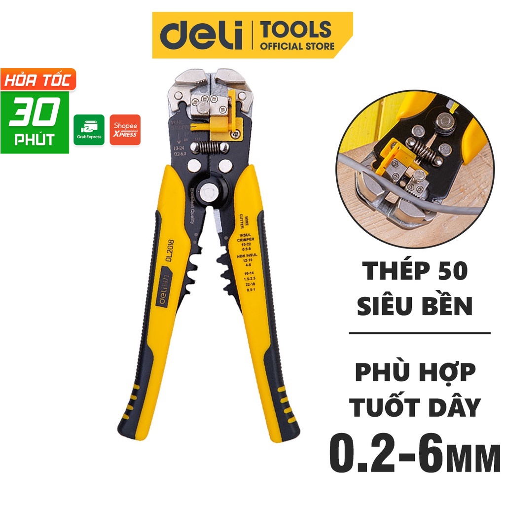 Kìm Tuốt Dây Điện Bấm Cos Đa Năng Deli - Chất Liệu Thép Cao Cấp, Điều Chỉnh Lực Tuốt Dây Dễ Dàng - D