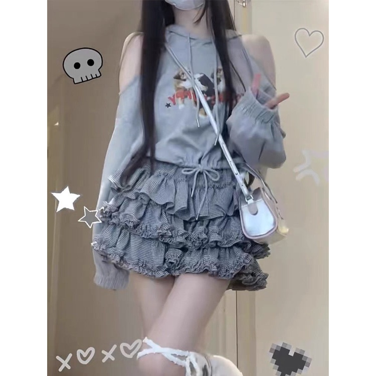 Set Áo Hoodie Màu Xám + Chân Váy Thời Trang Mùa Thu Phong Cách Mới lu5b Dành Cho Nữ