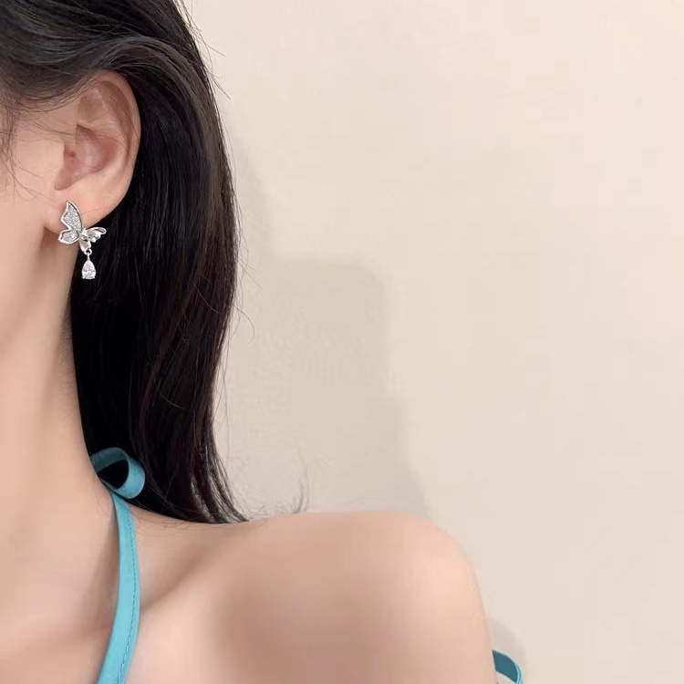 Bông Tai Mạ Bạc 925 Hình Bướm Đính Đá zircon Ngọt Ngào Thời Trang Cho Nữ