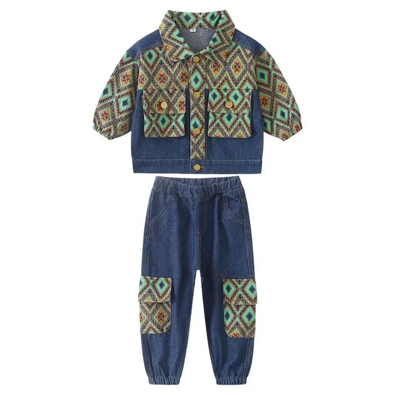 SUPER KIDS quần áo trẻ em Bộ Quần Áo denim Phong Cách Hàn Quốc Năng Động Cho Bé Trai đồ bé trai
